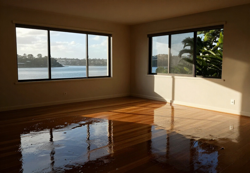 Flooded living room in Bilgola Beach before restoration